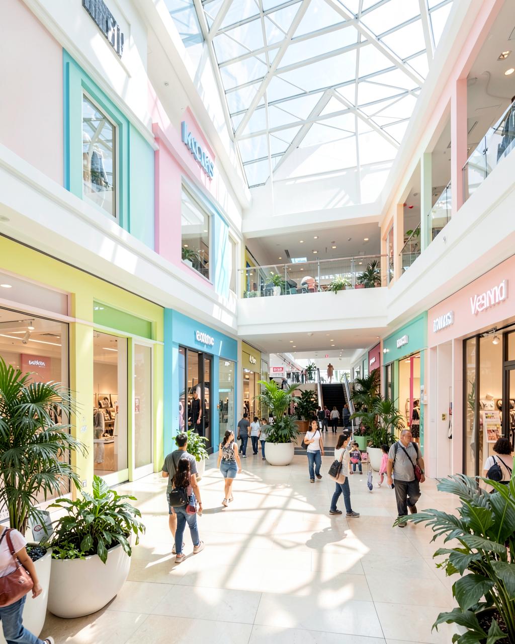 Sunlit Mellown atrium with pastel storefronts, plants and shoppers